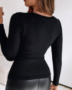 Built-In Bra U-Neck Tee Long Sleeve Stretchy Knit Top
