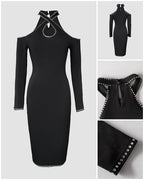 Rhinestone Halter Dress: Cold Shoulder, Hollow-Out Bodycon Evening Style
