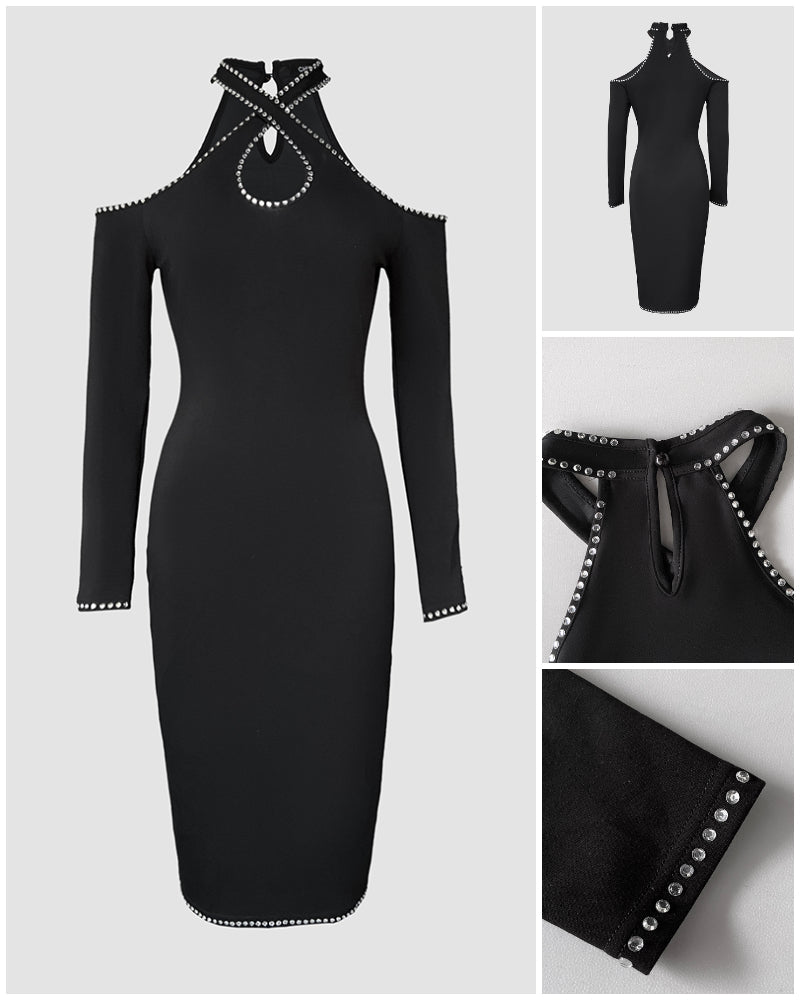 Rhinestone Halter Dress: Cold Shoulder, Hollow-Out Bodycon Evening Style