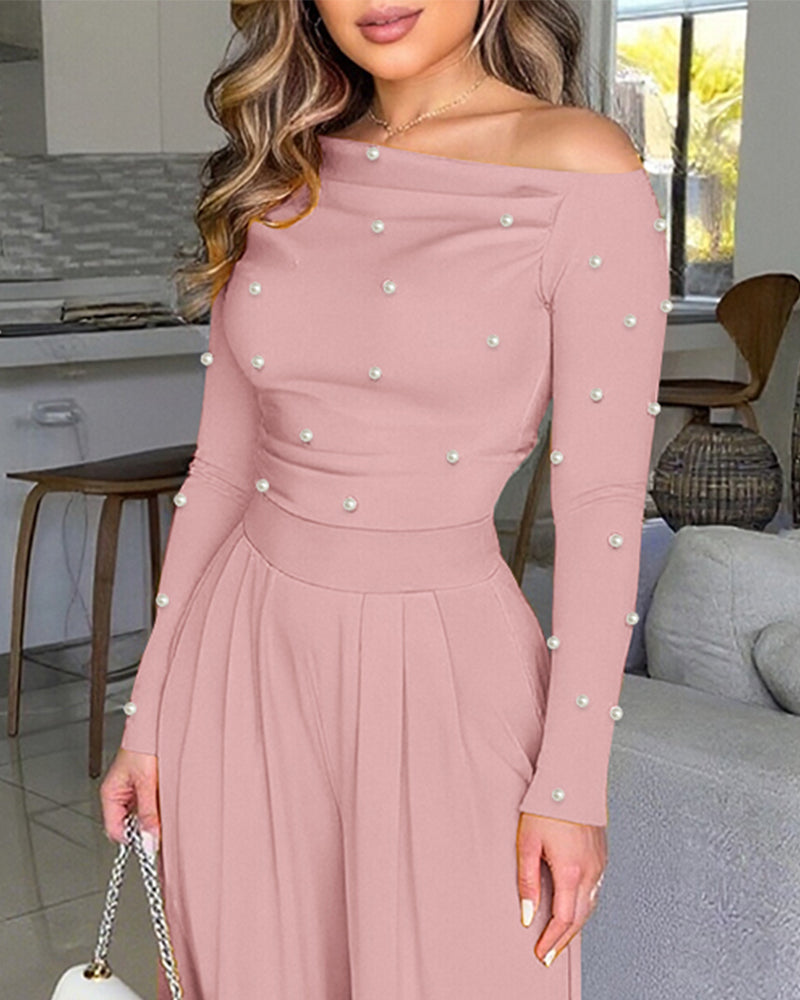 Pearl-Adorned Asymmetrical Neck Ruched Jumpsuit with Cinched Waist