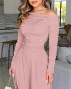 Pearl-Adorned Asymmetrical Neck Ruched Jumpsuit with Cinched Waist