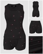 2-Piece Heart Pattern Ribbed Tank Top & Shorts Sleep Set