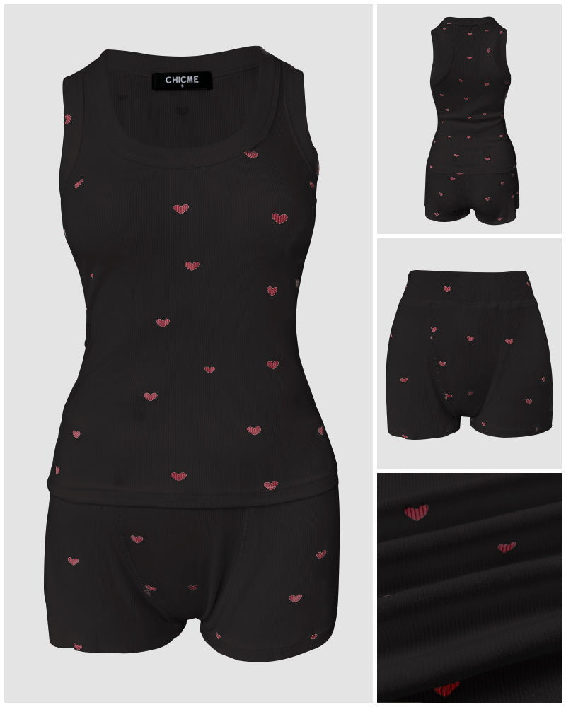 2-Piece Heart Pattern Ribbed Tank Top & Shorts Sleep Set