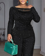 2-Piece Sparkly Ensemble: Lace Cowl Neck Top & Wide-Leg Pants