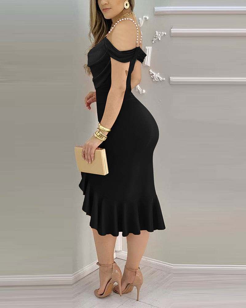 Pearl-Strap Cowl Neck Bodycon Dress with Ruffled Hem