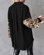 Leopard Sequin Patchwork Shacket with Raw Hem Long Sleeves