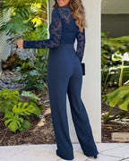 V-Neck Lace Jumpsuit with Scallop Trim and Zipper Back