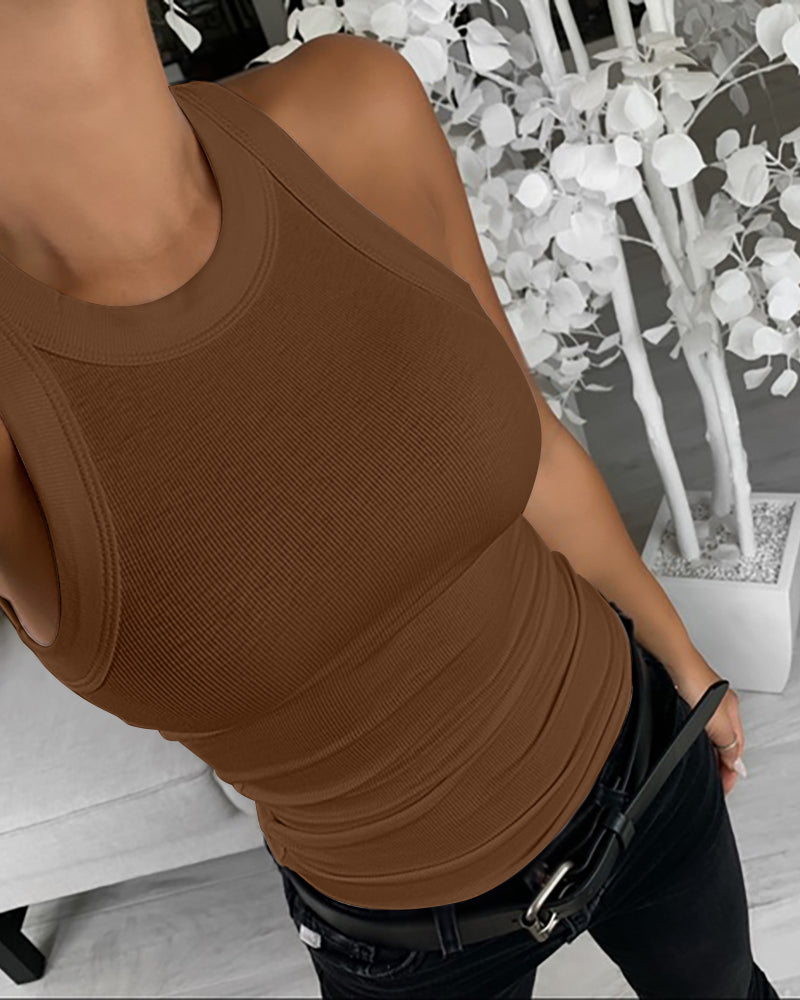 2-Pack Ribbed Racerback Tank Tops, Round Neck, No Bra Pads
