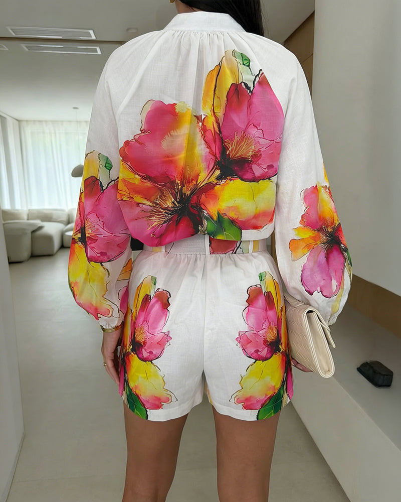 2-Piece Set with Lantern Sleeves and Floral Shorts