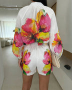 2-Piece Set with Lantern Sleeves and Floral Shorts