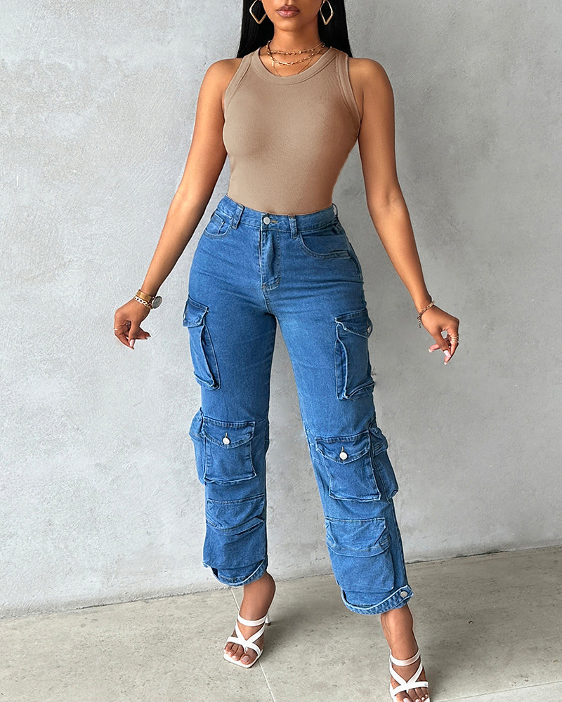 Round Neck Ribbed Tank Top with Integrated Bra