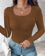 U-Neck Long-Sleeve Ribbed Top Featuring Integrated Bra Support