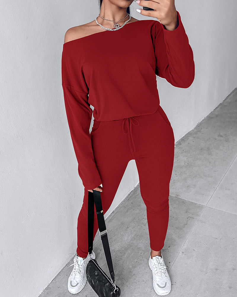 2-Piece Asymmetrical Neck Sweater and Drawstring Slim-Fit Pants Set