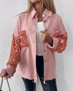 Raw Hem Sequin Patchwork Denim Shacket with Button Front