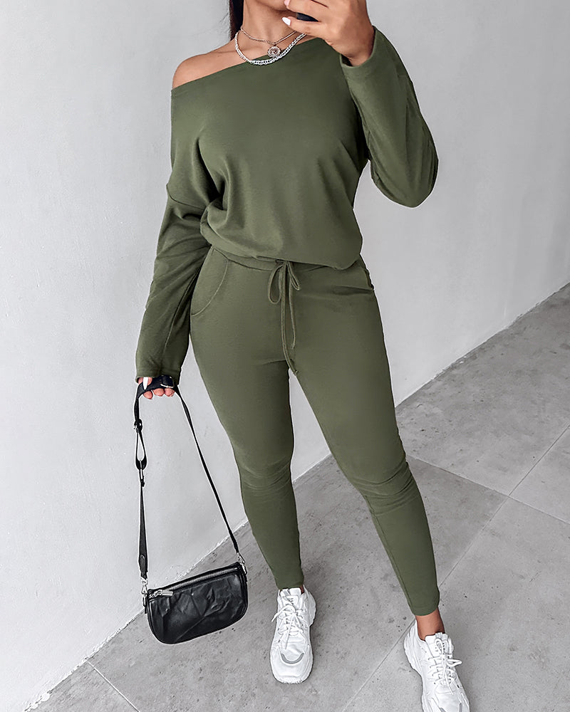 2-Piece Asymmetrical Neck Sweater and Drawstring Slim-Fit Pants Set