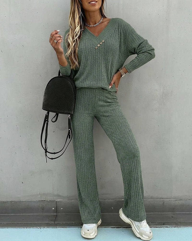 2-Piece V-Neck Button Top and Straight Leg Casual Pants Set