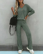 2-Piece V-Neck Button Top and Straight Leg Casual Pants Set