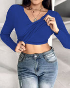 Rib Knit Notch Neck Long Sleeve Top with Built-In Bra