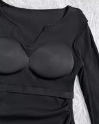Rib Knit Notch Neck Long Sleeve Top with Built-In Bra