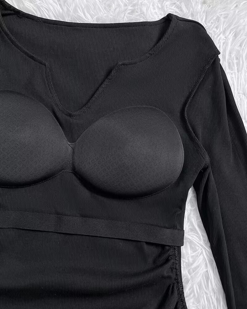 Rib Knit Notch Neck Long Sleeve Top with Built-In Bra