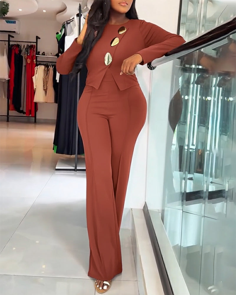 Golden Button Front Overalls with Zip-Back Two-Piece Jumpsuit