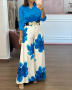 Satin Blouse and Floral Wide-Leg Pants Two-Piece Set