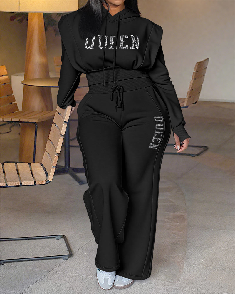 2-Piece 3D Rhinestone Letter Hoodie with Wide-Leg Sweatpants Set
