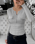 Long Sleeve Half Zip Ribbed Tee with Flap Detail