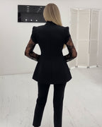 V-Neck Puff Sleeve A-Line Blazer with Eyelash Lace Trim
