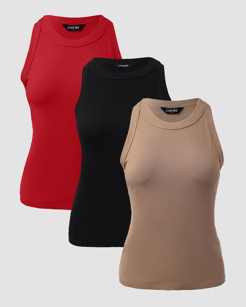 3-Pack Knit Racerback Tank Tops, Round Neck, Thick Straps