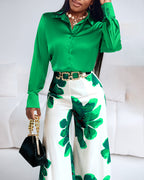 Satin Blouse and Floral Wide-Leg Pants Two-Piece Set