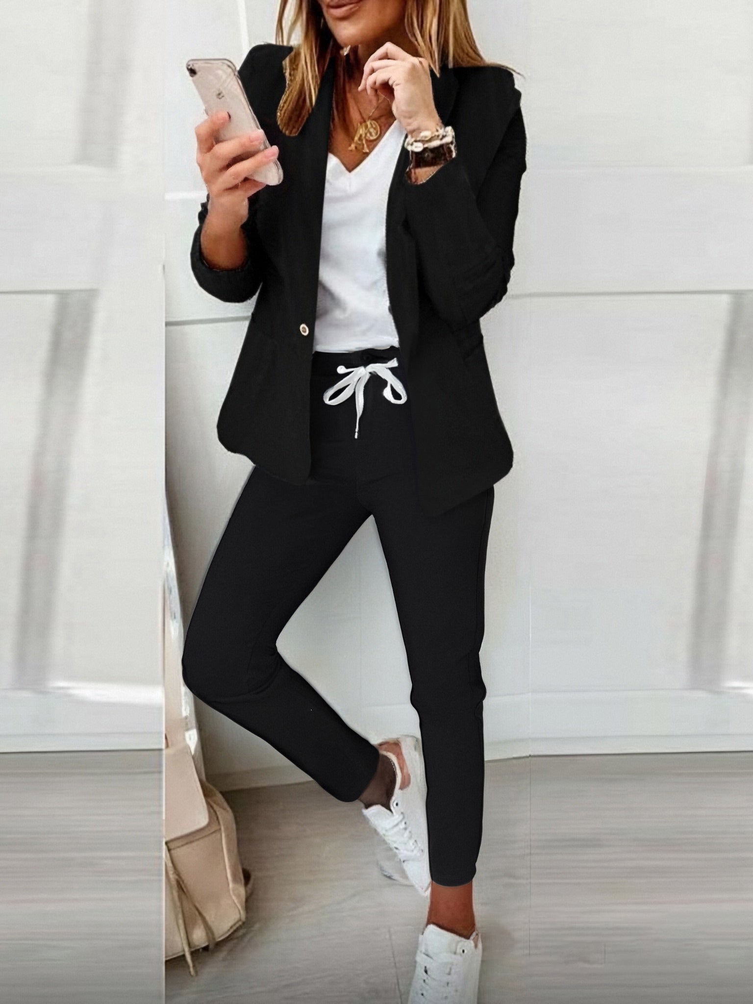 2-Piece Shawl Collar Blazer Set with Slim Fit Drawstring Pants
