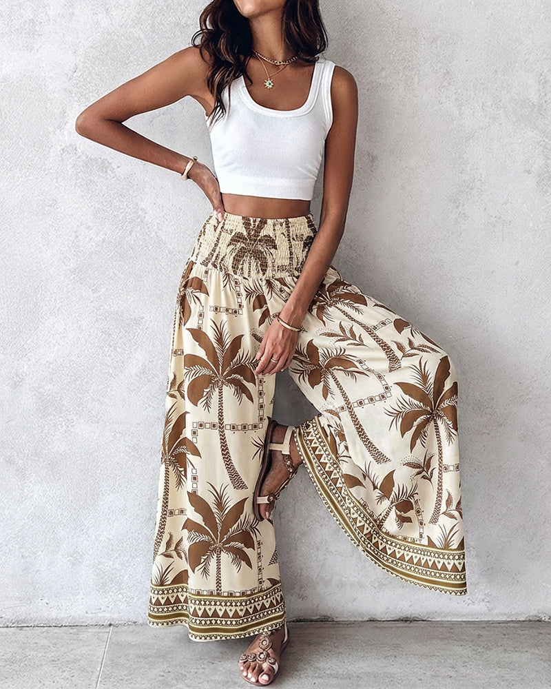 Vintage-Inspired Floral Shirred High-Waist Wide-Leg Pants
