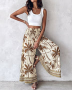 Vintage-Inspired Floral Shirred High-Waist Wide-Leg Pants