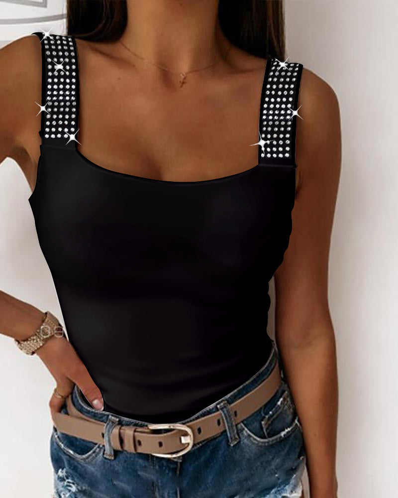 Thick Strap Tank Top with Rhinestone Embellishments