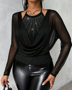 Sheer Mesh-Back Rhinestone Halter Tee with Cowl Neck