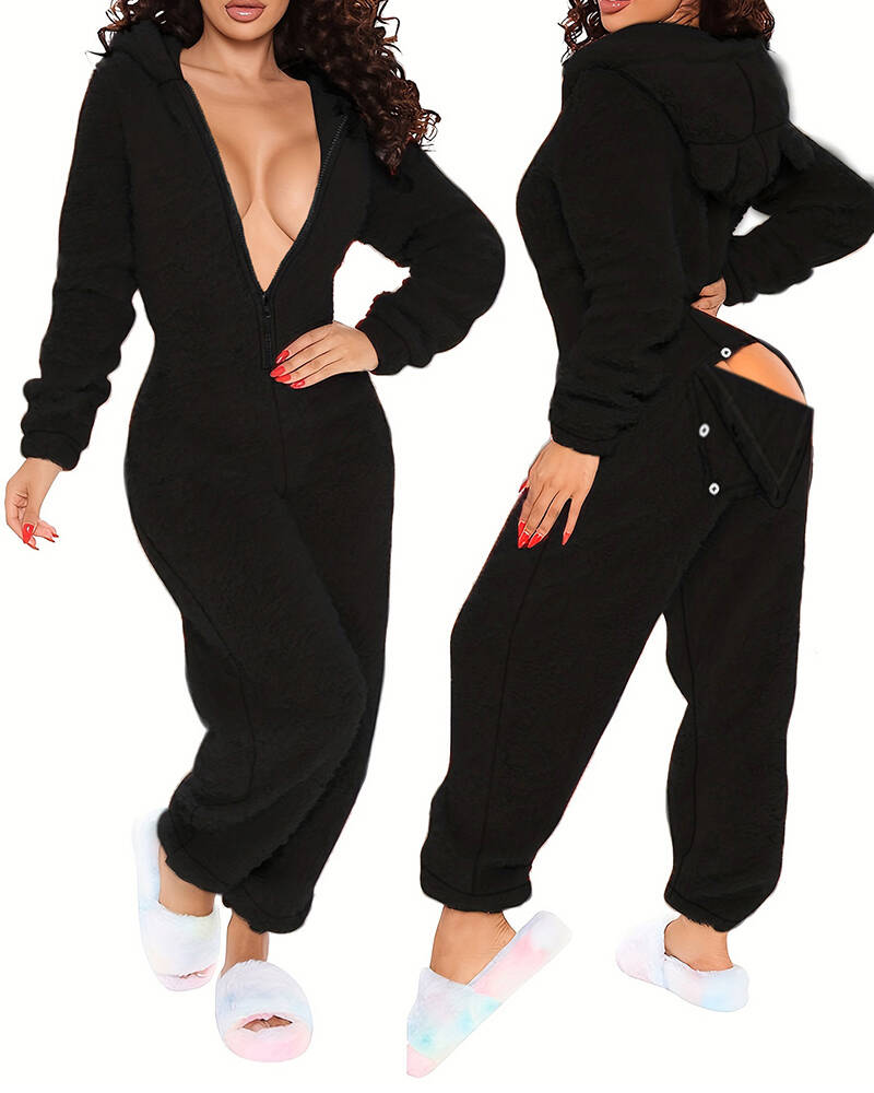 3D Ear-Buttoned Fluffy Lounge Jumpsuit with Practical Features