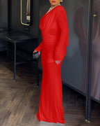 Padded Shoulder Cowl Neck Ruched Backless Maxi Dress