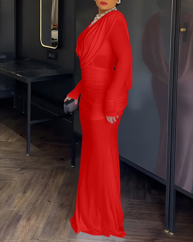 Padded Shoulder Cowl Neck Ruched Backless Maxi Dress
