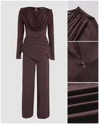 Cowl Neck Asymmetrical Cinched Waist Wide Leg Zippered Jumpsuit