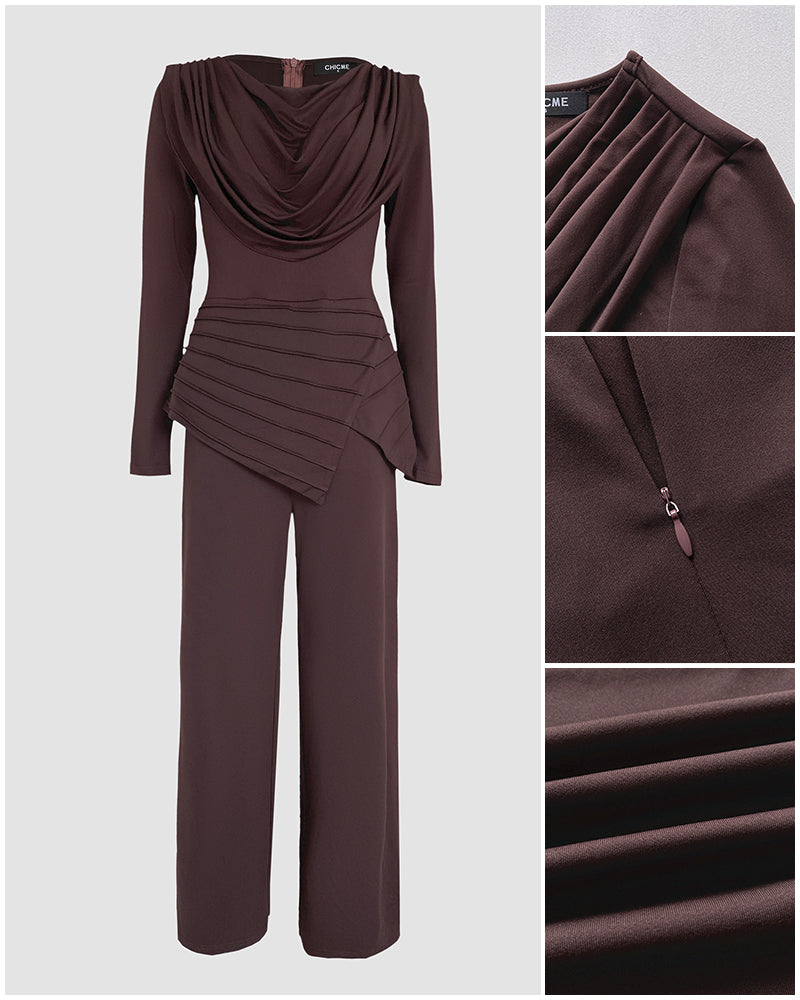 Cowl Neck Asymmetrical Cinched Waist Wide Leg Zippered Jumpsuit