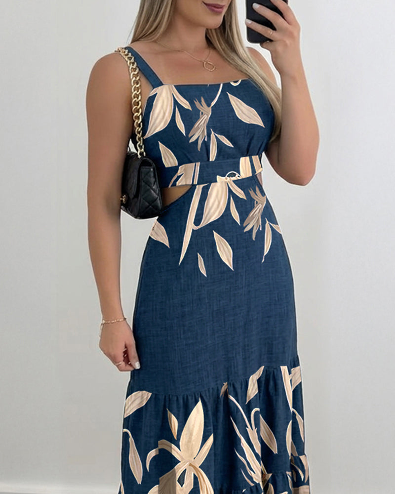 Ruffle Hem Maxi Dress with Adjustable Strap and Waist Cutout
