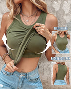 Ribbed Tank Top with Built-In Bra and Round Neck
