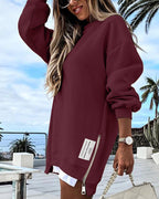 Drop Shoulder Zip-Side Long Sleeve Pullover with Slit Detail.