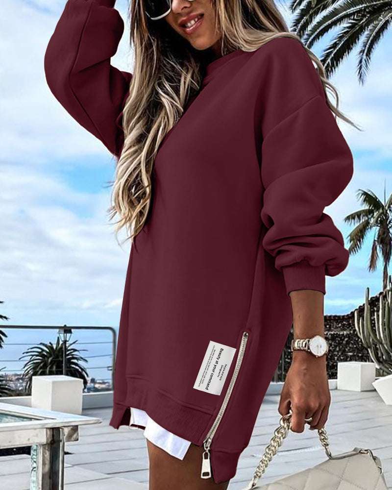 Drop Shoulder Zip-Side Long Sleeve Pullover with Slit Detail.