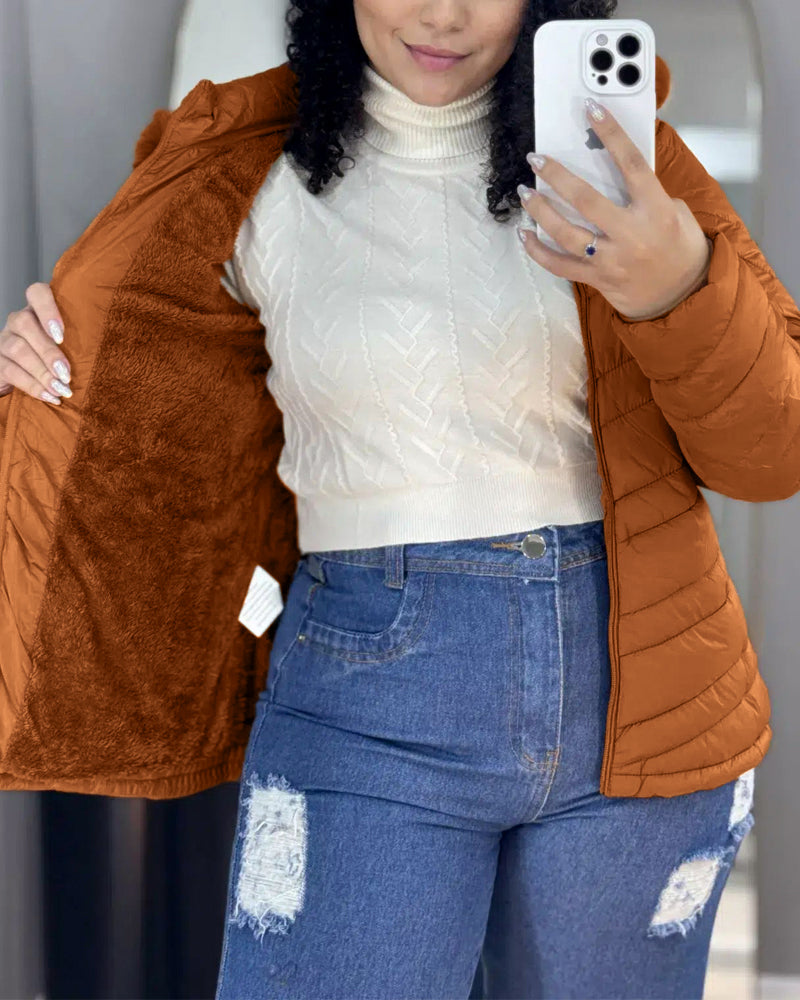 Fuzzy Trim Hooded Puffer Jacket with Shirred Zipper Pockets
