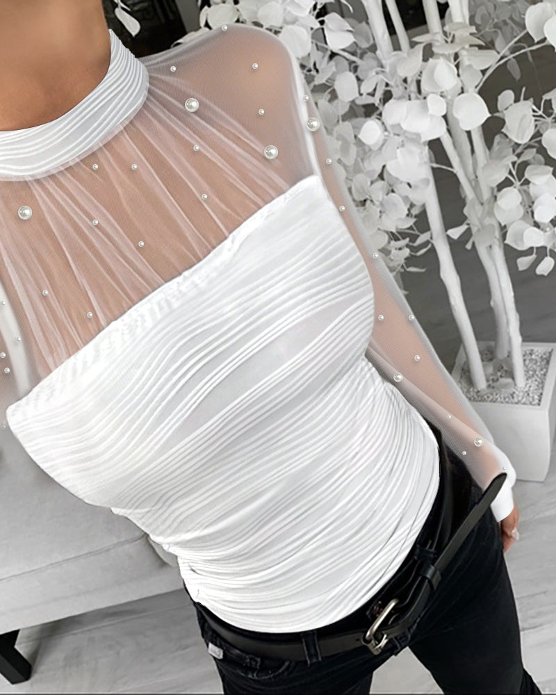 Pearl-Embellished Mesh-Inset Ruched Tee with Open-Back Detail