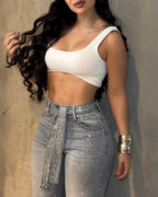 High-Waist Flared Jeans with Rhinestone Details and Decorative Belt
