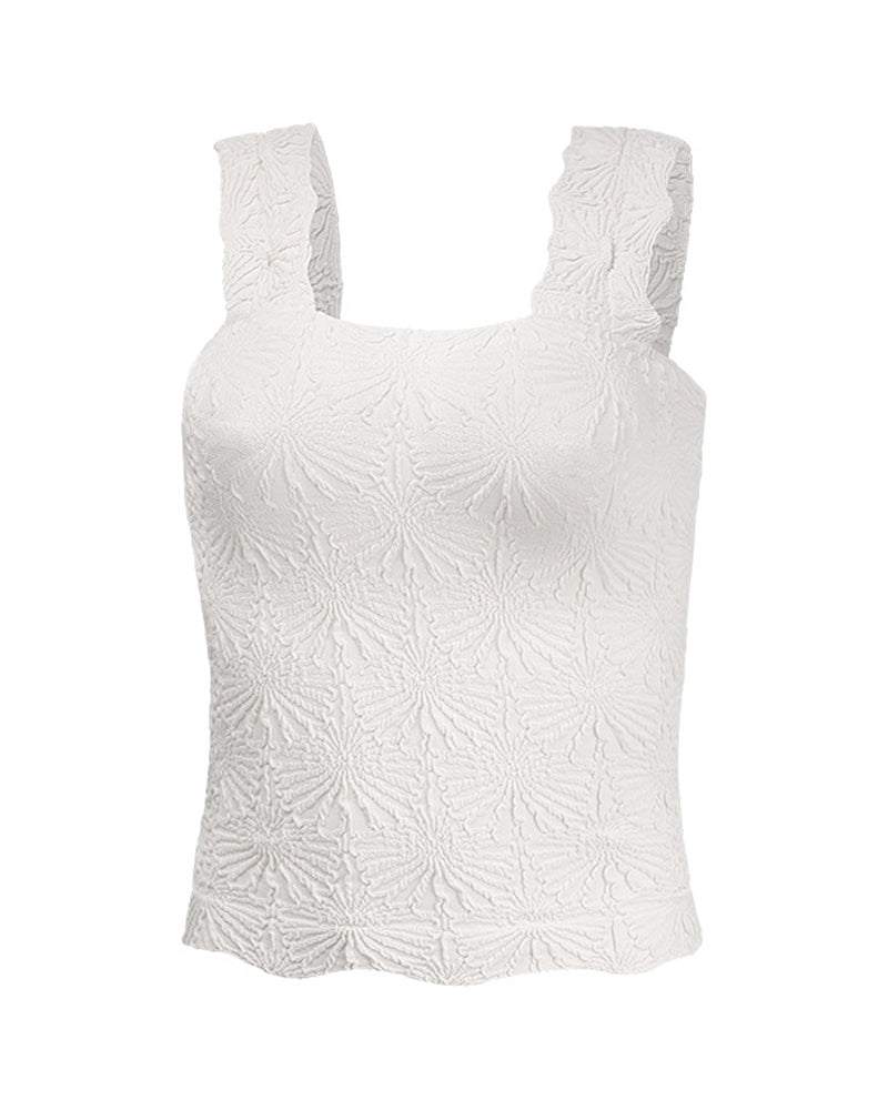 Floral Jacquard Square Neck Crop Top with Thick Straps