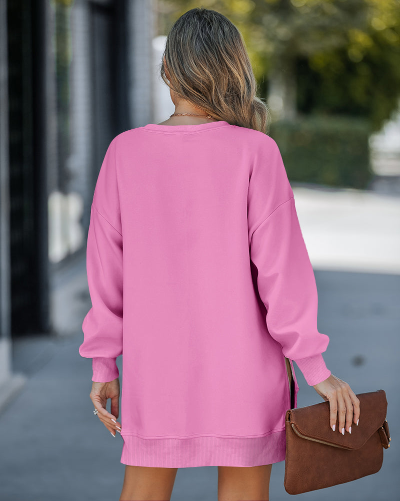 Drop Shoulder Zip-Side Long Sleeve Pullover with Slit Detail.